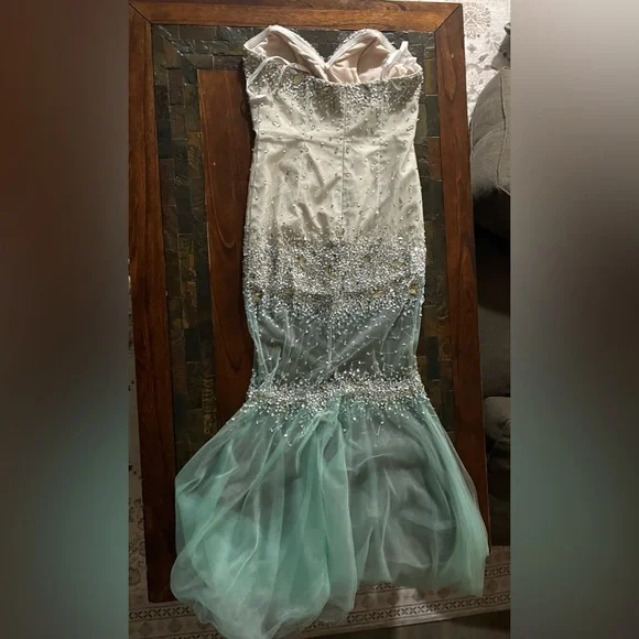 Terani Couture Strapless Beaded Dress in Cream and Green - Picture 3 of 9